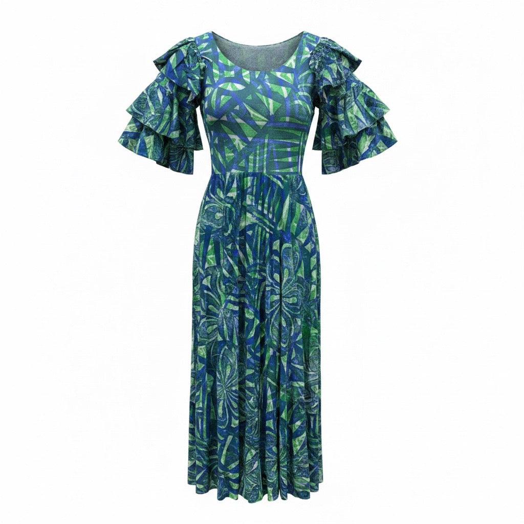 (Size 12) Hand-Painted Triple-Flare Sleeved Dress