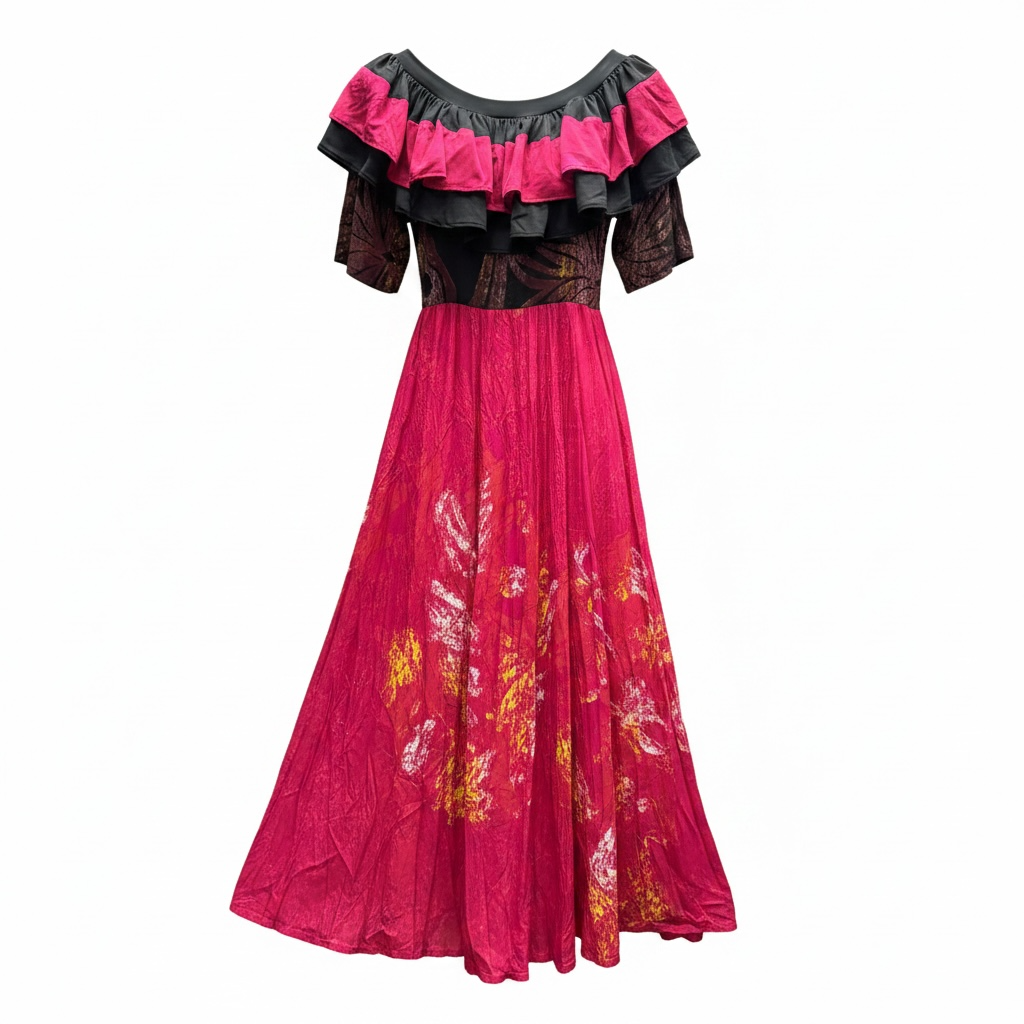 (Size 14) Hand-Painted Frilled-Neck Dress