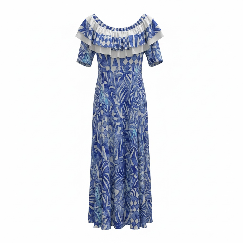 (Size 20) Hand-Painted Frilled-Neck Dress