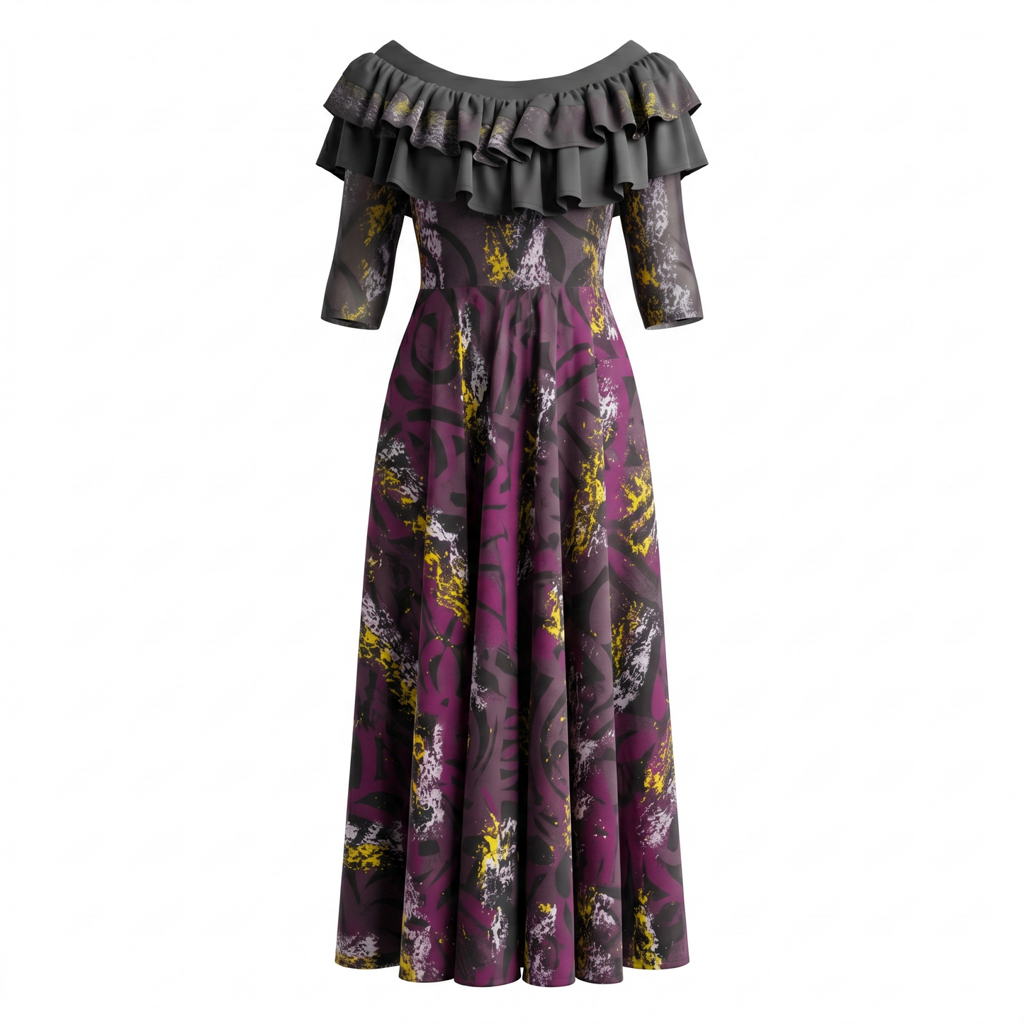 (Size 10) Hand-Painted Frilled-Neck Dress