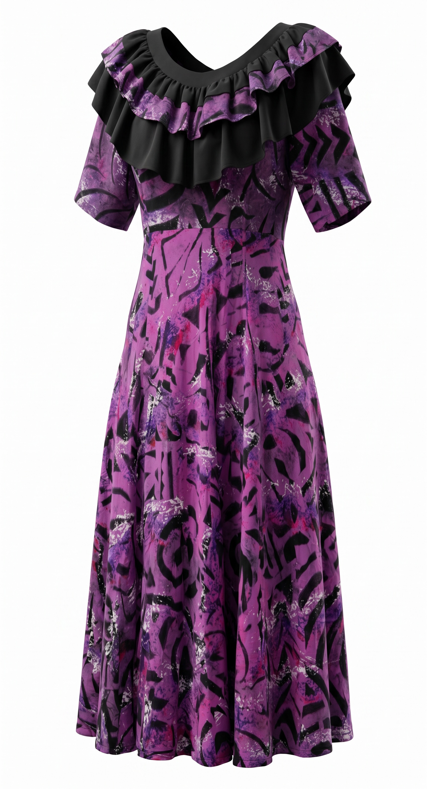(Size 22) Hand-Painted Frilled-Neck Dress