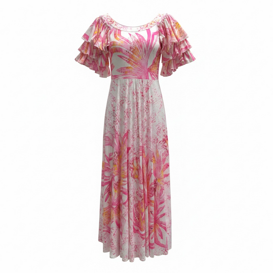 (Size 12) Hand-Painted Triple-Flare Sleeved Dress