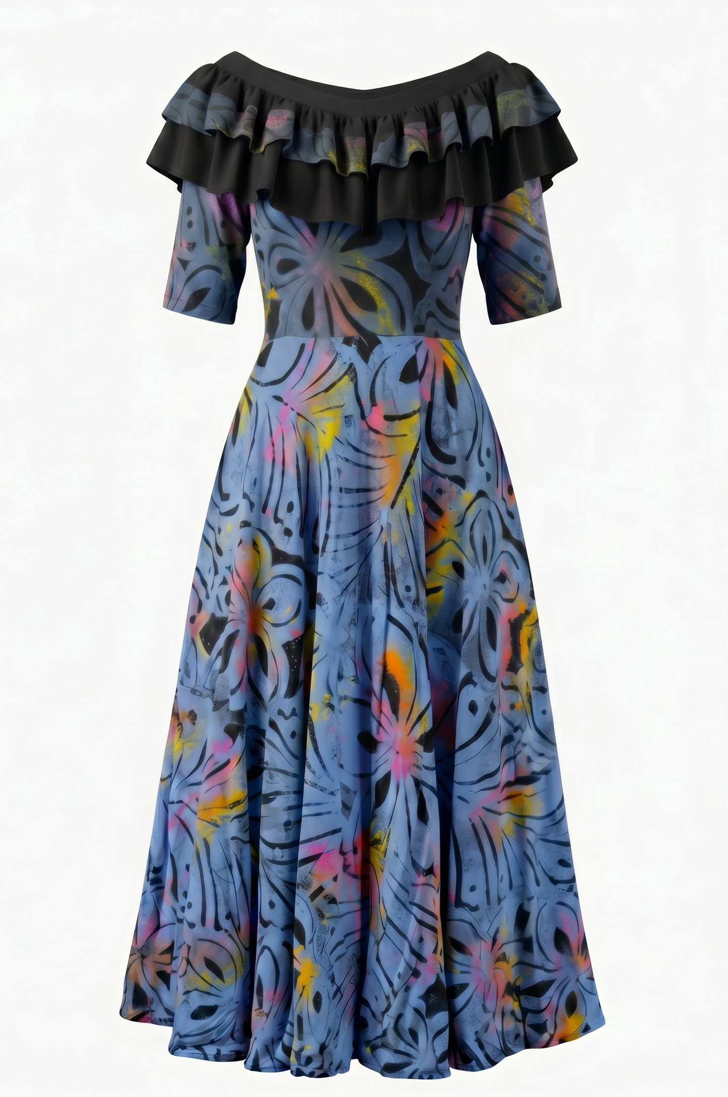 (Size 18) Hand-Painted Frilled-Neck Dress