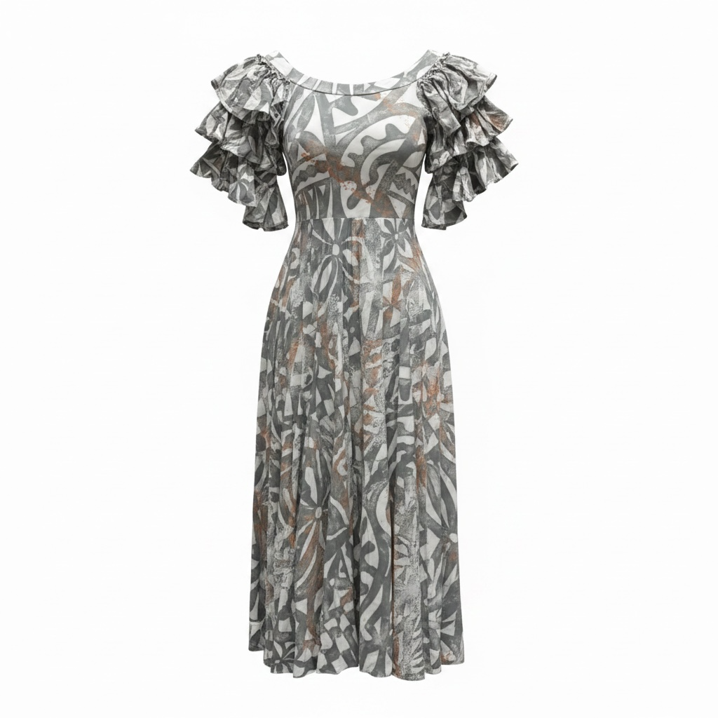 (Size 16) Hand-Painted Triple-Flare Sleeved Dress