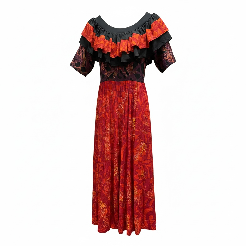 (Size 16) Hand-Painted Frilled-Neck Dress
