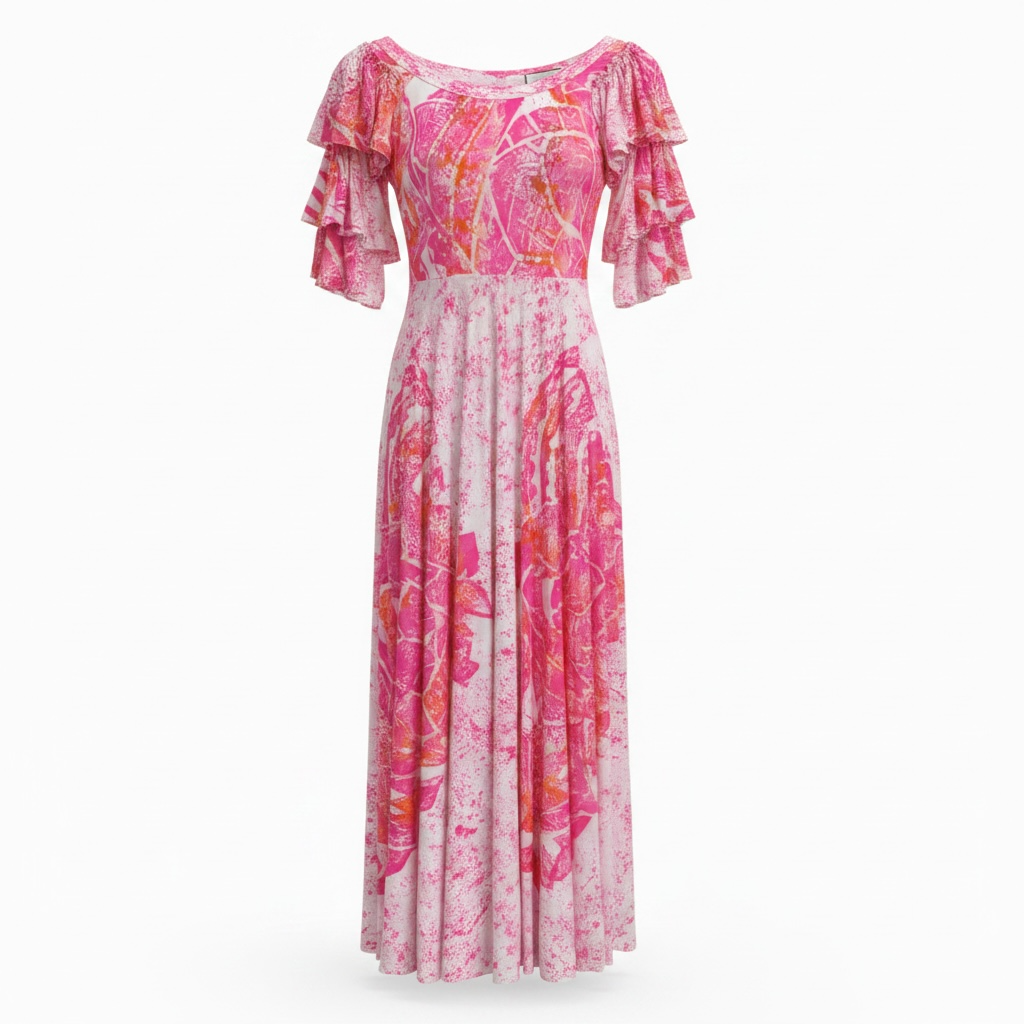 (Size 14) Hand-Painted Triple-Flare Sleeved Dress