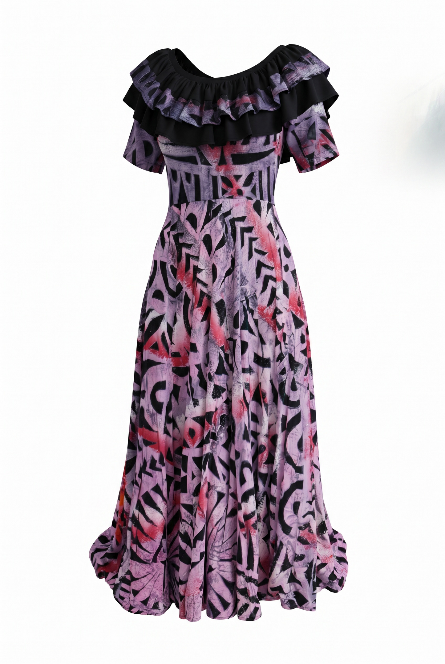 (Size 18) Hand-Painted Frilled-Neck Dress