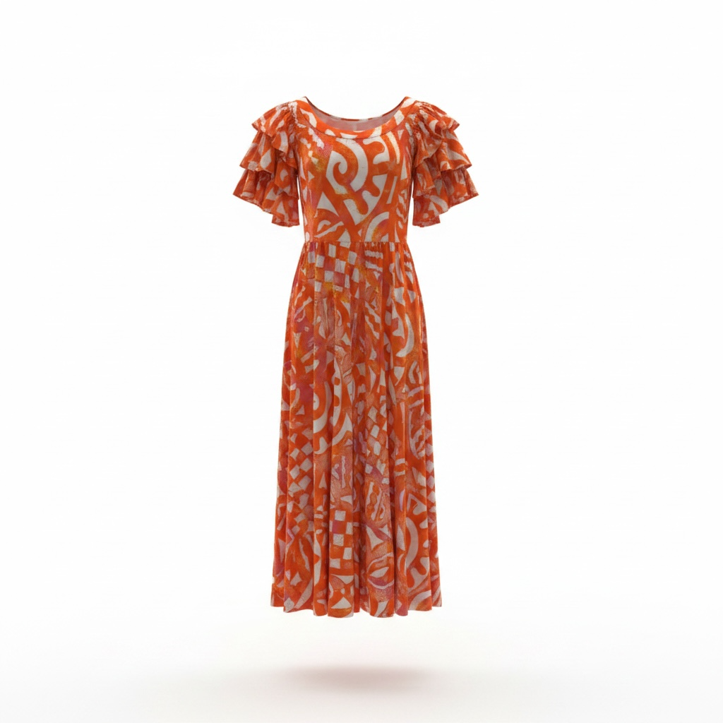 (Size 18) Hand-Painted Triple-Flare Sleeved Dress