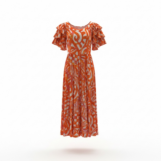 (Size 18) Hand-Painted Triple-Flare Sleeved Dress