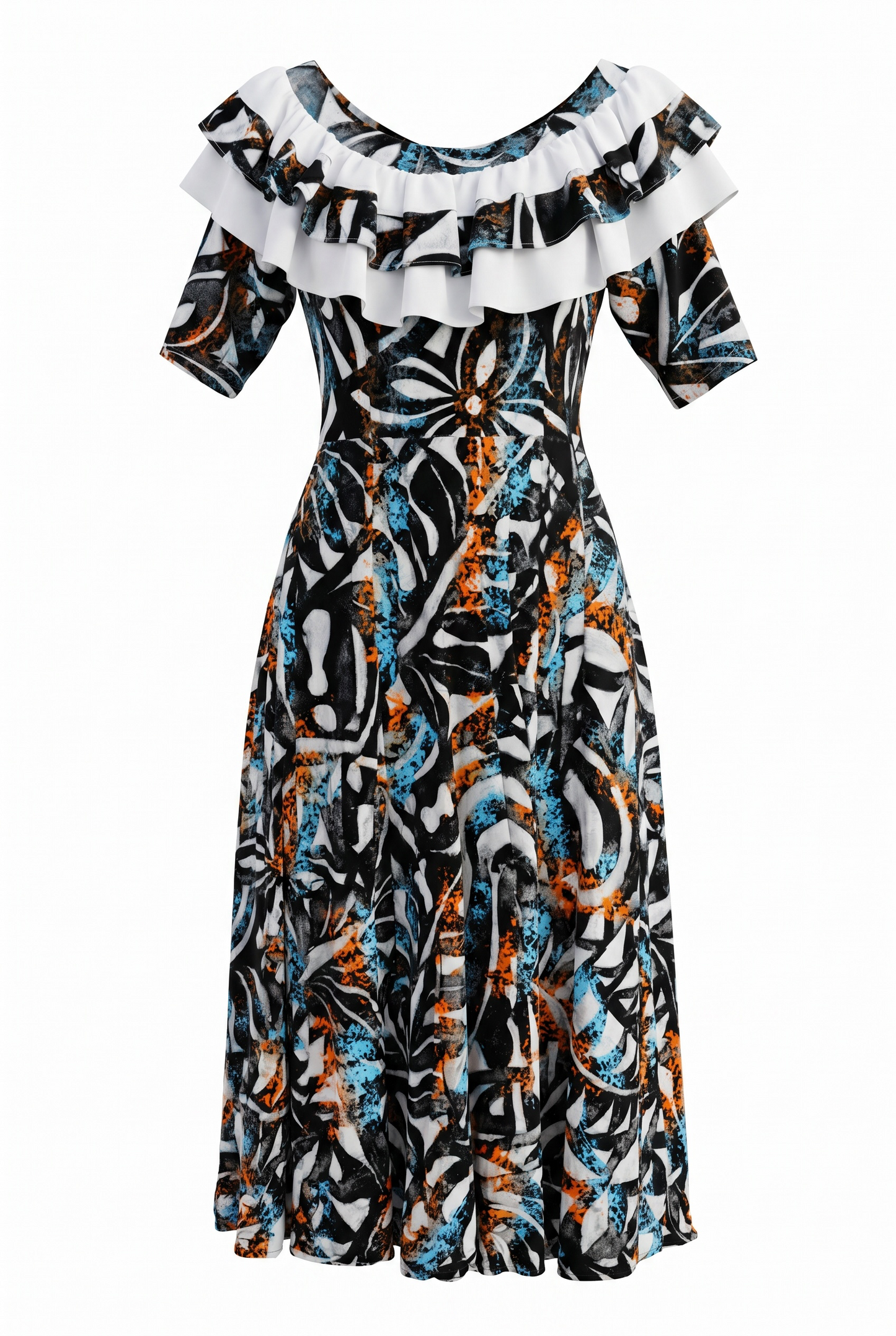 (Size 16) Hand-Painted Frilled-Neck Dress