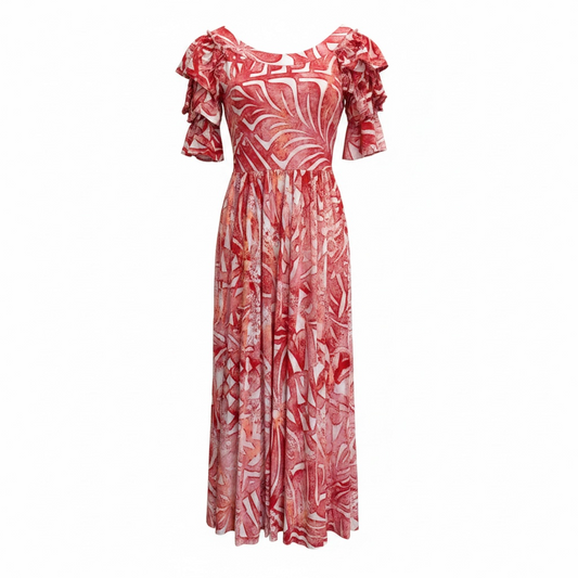 (Size 14) Hand-Painted Triple-Flare Sleeved Dress