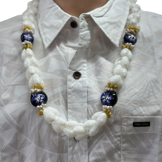 White Bubble Shell & Hand Painted Hibiscus Kukui Nut Lei
