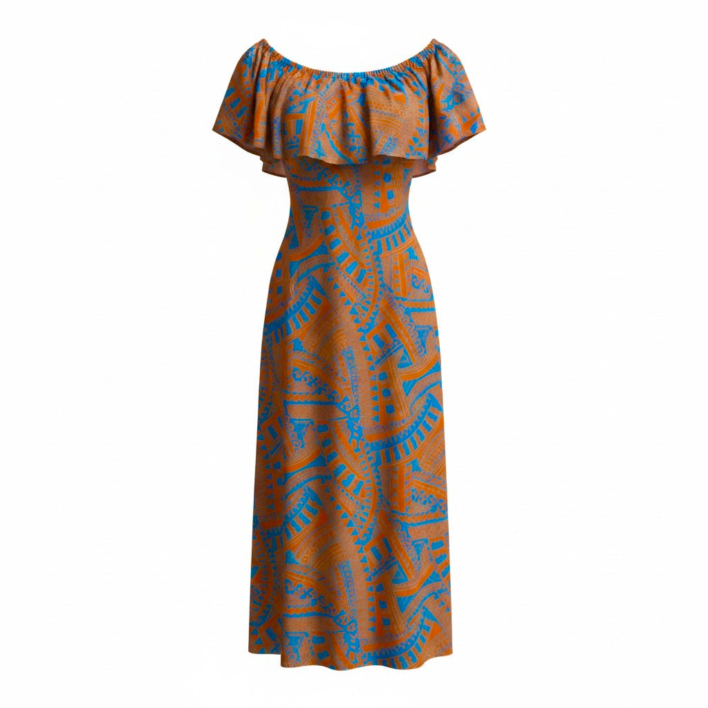 Frilled Neck Tapa Women's dress - Orange