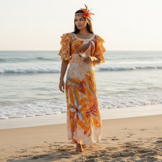 (Size 20) Hand-Painted Triple-Flare Sleeved Dress