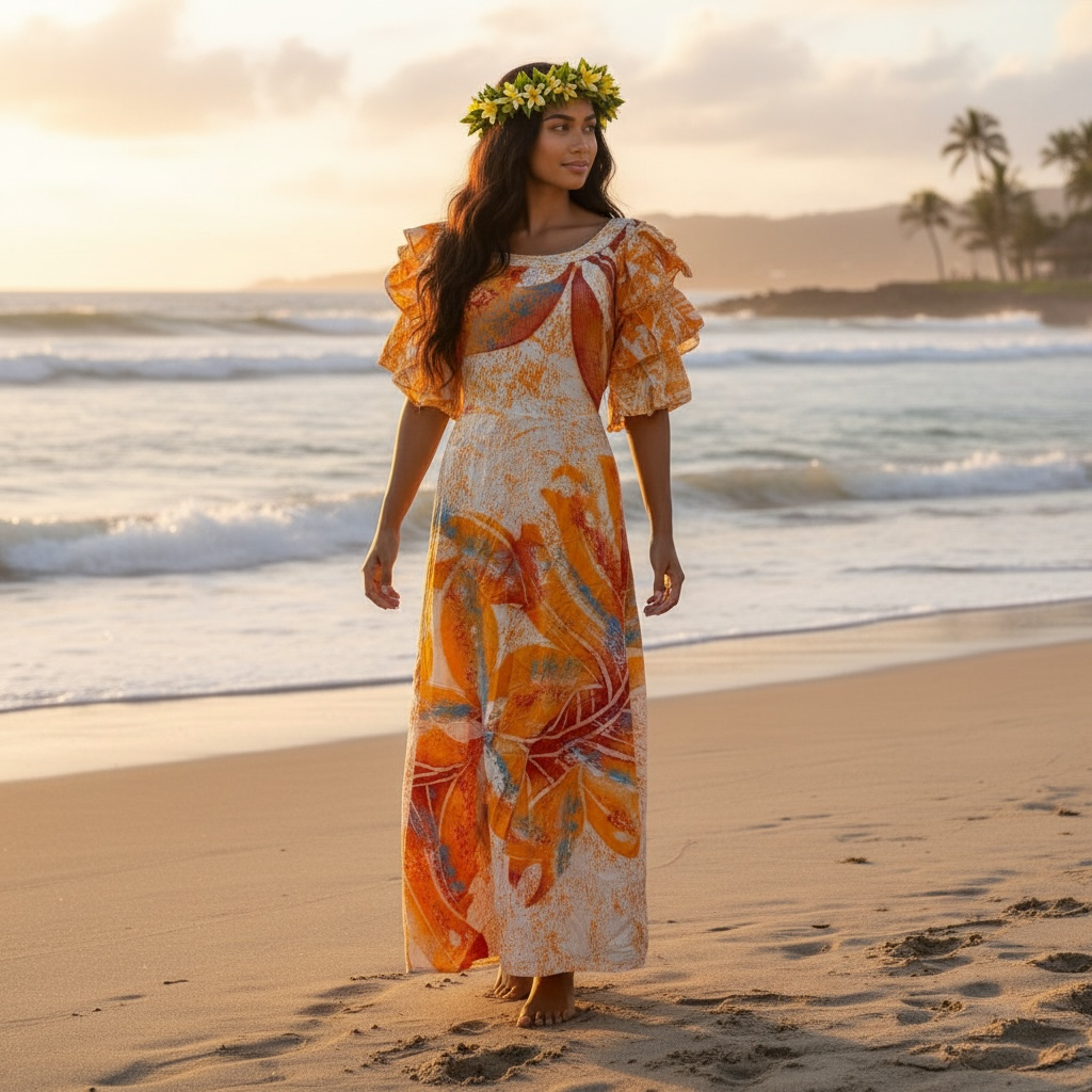 (Size 20) Hand-Painted Triple-Flare Sleeved Dress