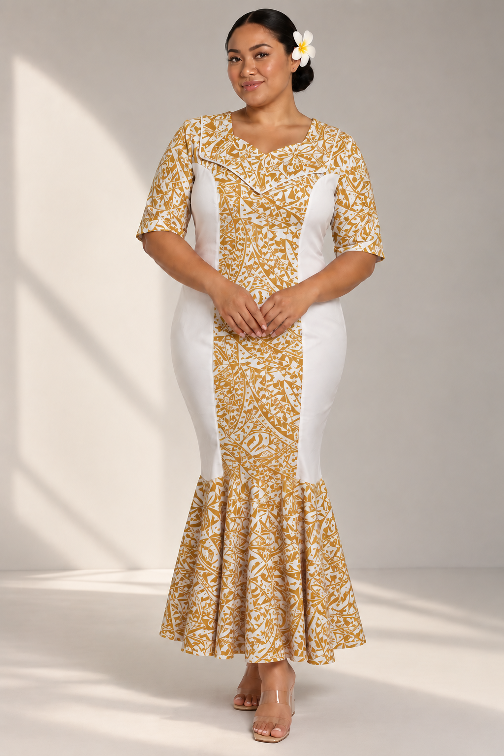 Gold-on-White Sweetheart Mermaid Dress