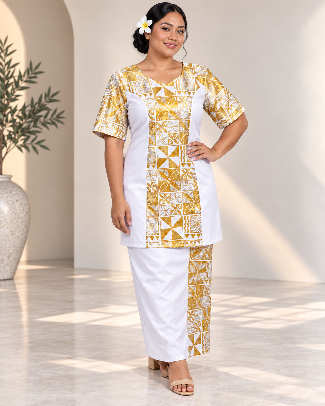 Gold-on-White Women’s Puletasi