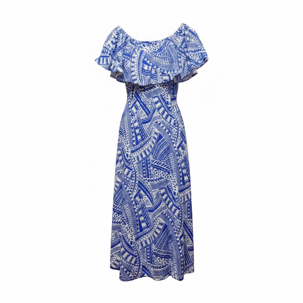 Frilled Neck Tapa Women's dress - Blue