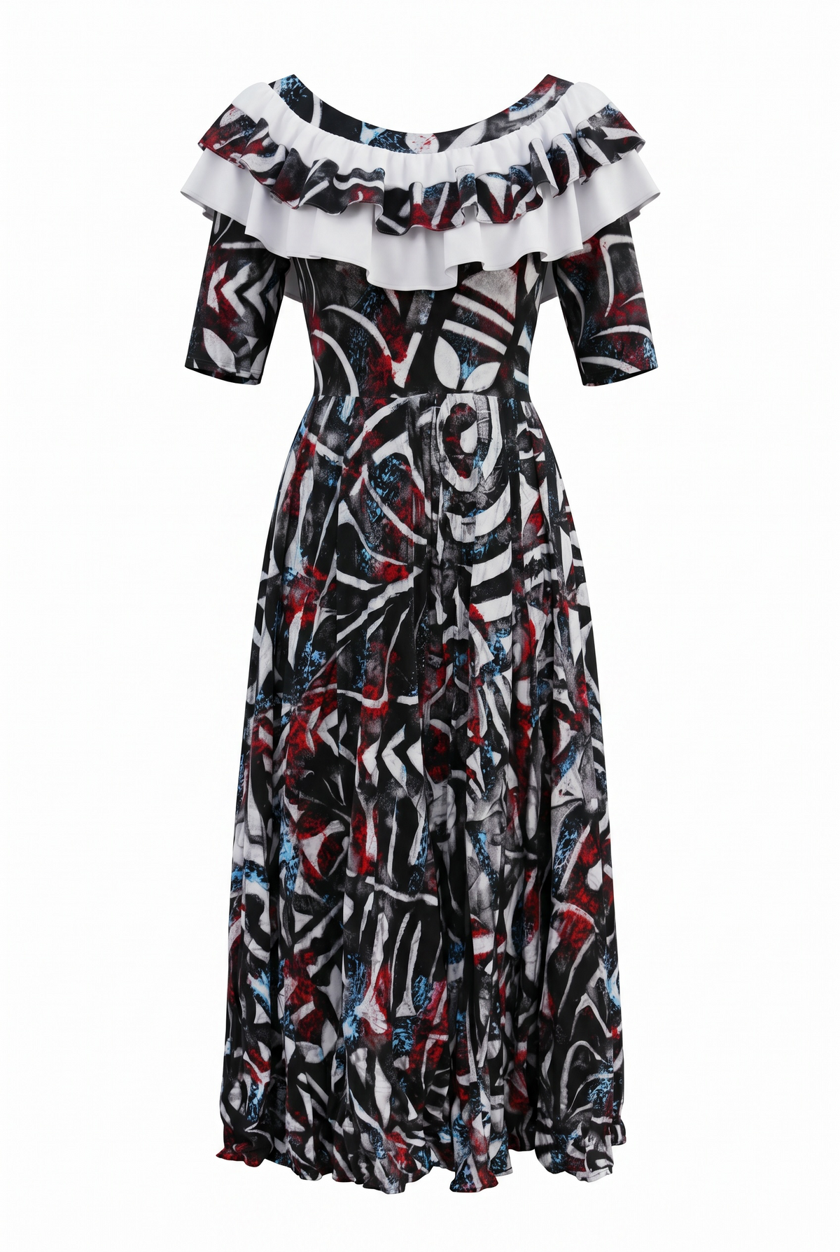 (Size 16) Hand-Painted Frilled-Neck Dress