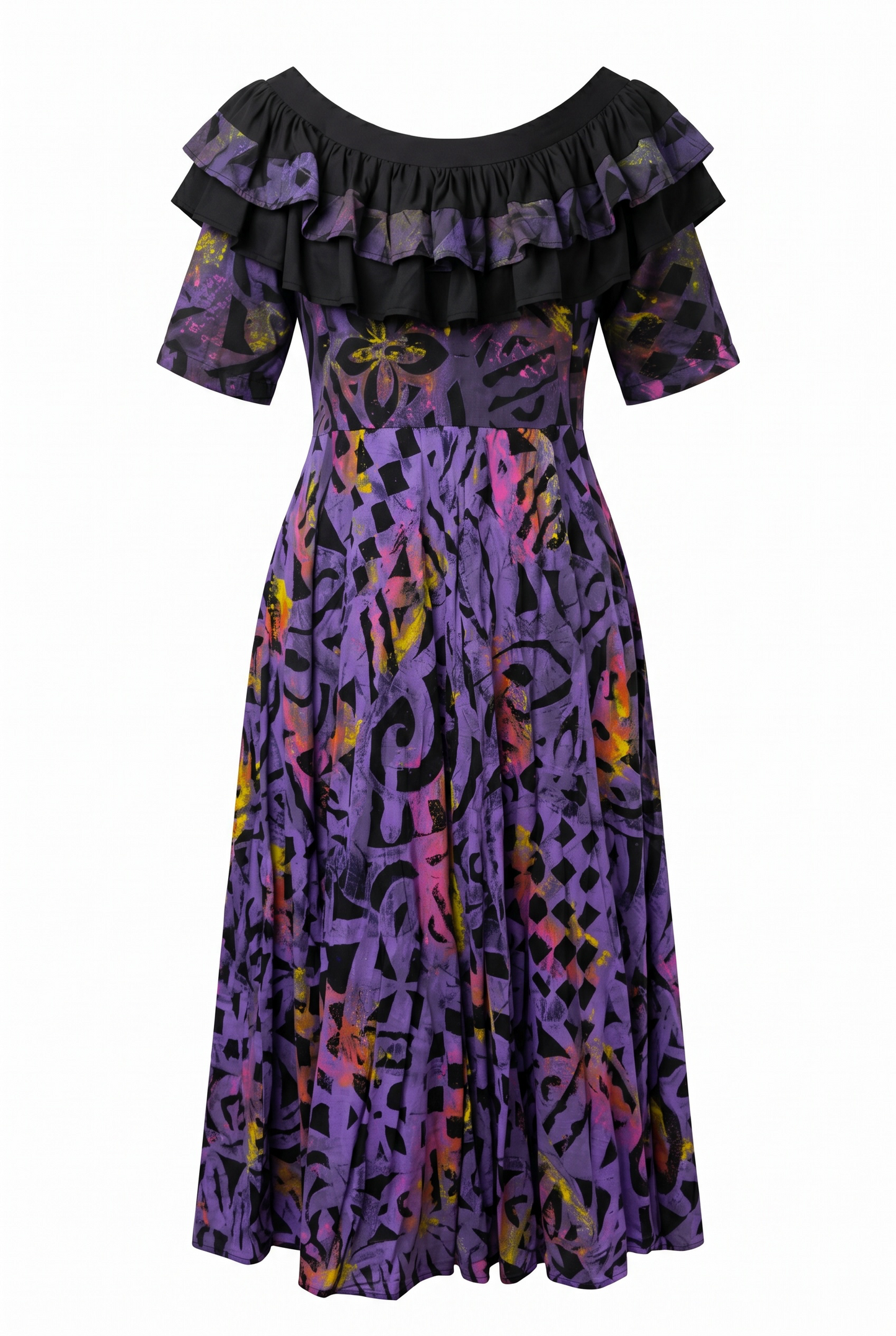 (Size 18) Hand-Painted Frilled-Neck Dress